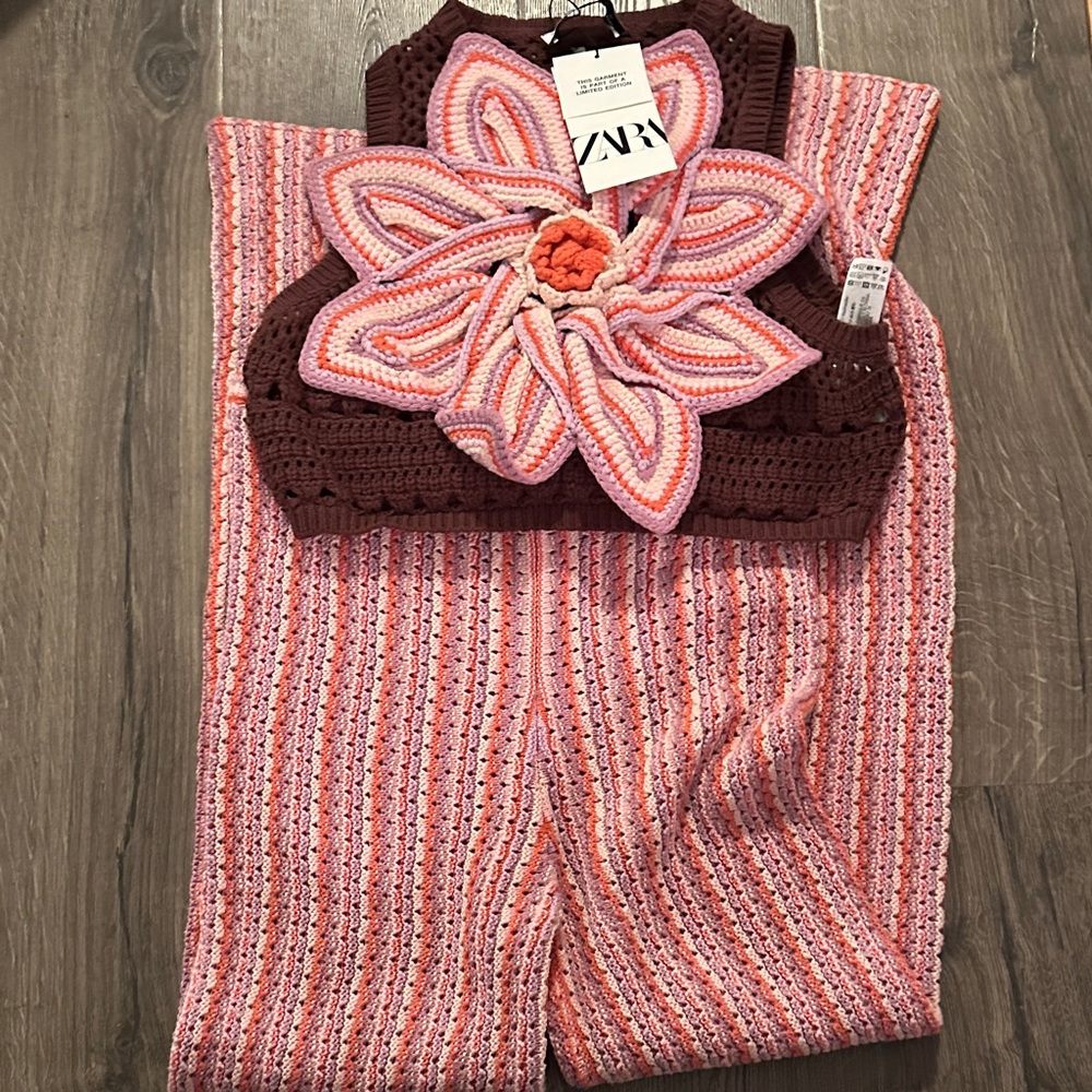 Zara Pink and Brown Crochet Top and pants set